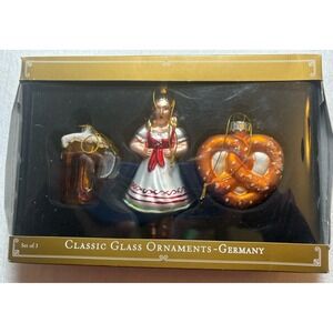3 Blown Glass Ornament Set Bar Maiden Beer Stein Pretzel Christmas Octoberfest